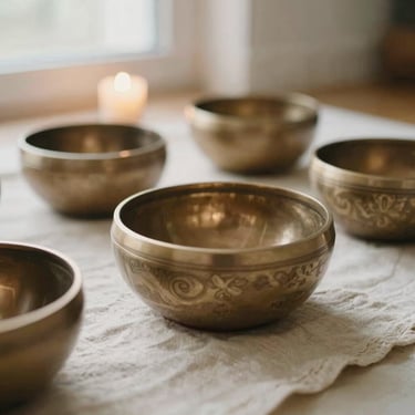 Close-up of Tibetan singing bowls resting on a soft cream linen cloth, warm diffused candlelight, shallow depth of field, 35mm film texture.