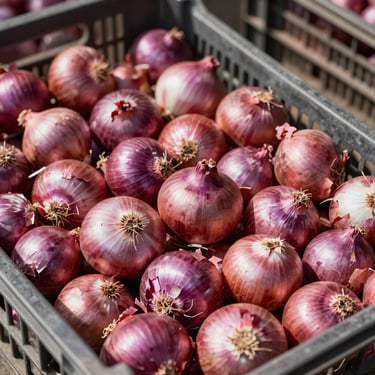 Red onions packed in ventilated crates, natural high-contrast sunlight on dry outer skins, loading dock background.