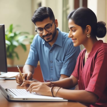 Smiling mother and son happily discussing college options on a laptop at home.