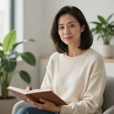A portrait of a female somatic therapist in a soft cream sweater, sitting in a bright room with green plants, holding a notebook.