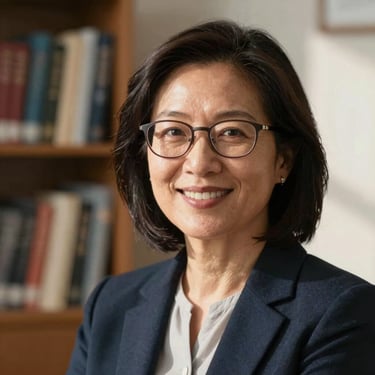 A close-up portrait of a female psychology professor with glasses, smiling warmly in a sunlit consultation room, academic books in the blurred background.