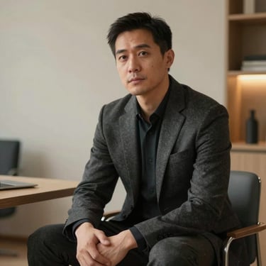 A portrait of a male executive coach in a tailored charcoal blazer, sitting in a modern minimalist study, warm lighting, focused gaze.