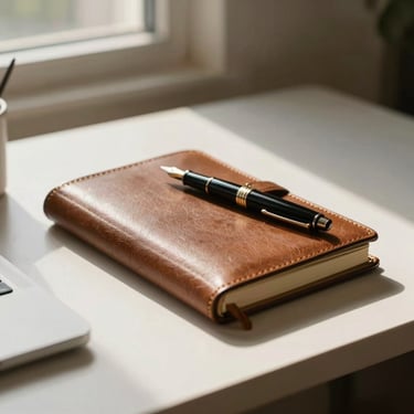 An elegant, minimalist desk with a leather journal and a fountain pen, bathed in soft, warm directional window light.