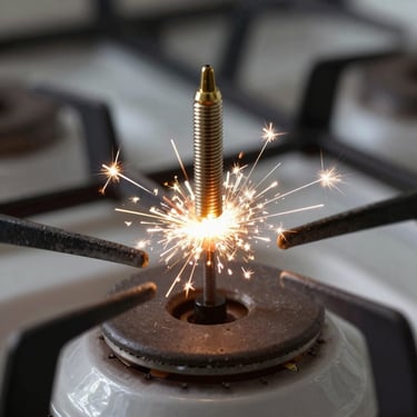 Macro shot of a gas stove igniter sparking, bright utility lighting