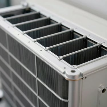 Macro shot of clean aluminum air conditioner evaporator coils, bright utility lighting