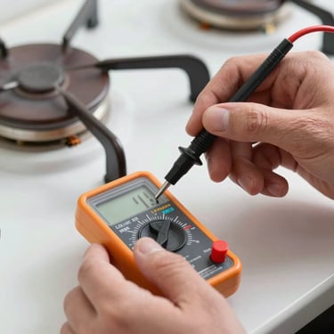 Macro close-up of a technician's hands using a multimeter on an exposed stove heating element under bright utility lighting, crisp focus on the tool and component.
