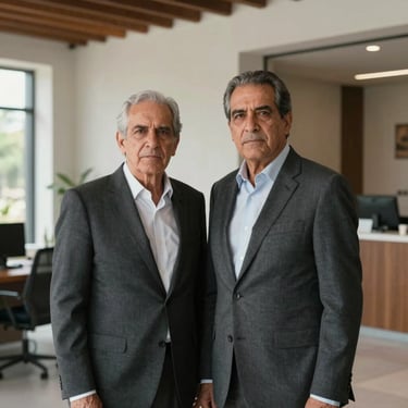 Sober environmental portrait of a senior male partner in a dark grey suit, standing in a well-lit modern Mexican architectural office, natural daylight, serious expression.