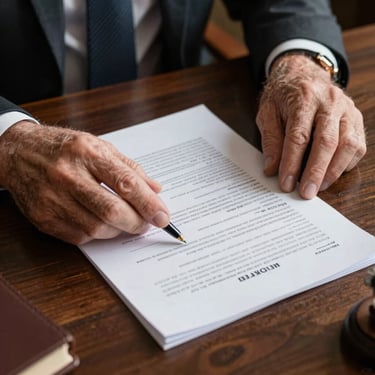 Tight, focused close-up of senior partner hands reviewing physical legal documents and tax codes on a dark wooden desk, dramatic side lighting.