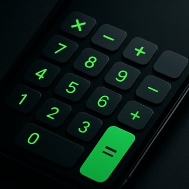 Macro product shot of a minimalist calculator app interface on a phone screen, glowing green accents, sharp dark-mode layout