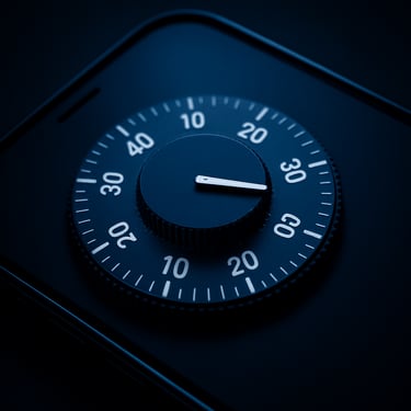 Macro close-up of a mobile focus timer app, a mechanical-style dial rotating, deep blue and sharp white typography