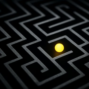 Macro shot of a micro-game screen showing a clean monochrome maze, a single glowing yellow dot, high contrast