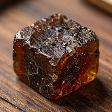 Macro shot of a textured block of dark amber gur resting on a rustic wooden table, showing fine crystalline grains and natural fractures.