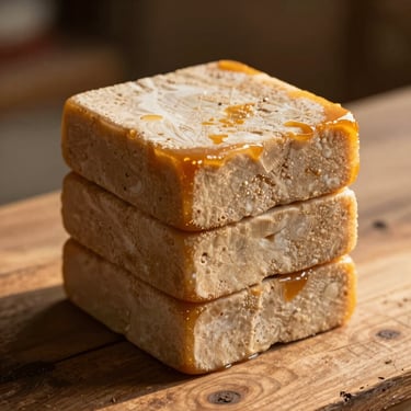 Traditional hand-poured gur blocks stacked neatly on raw wooden surface, warm golden hour sunlight catching the amber edges.