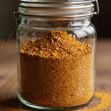Elegant glass pantry jar filled with fine, stone-ground shakkar, warm side lighting showing its rich golden-brown color.