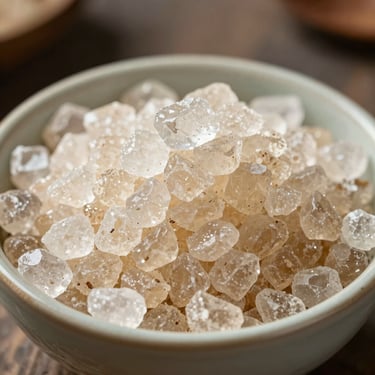 Crystalline khandsari sugar in a small ceramic bowl, bright morning light reflecting off the raw, unbleached crystals.