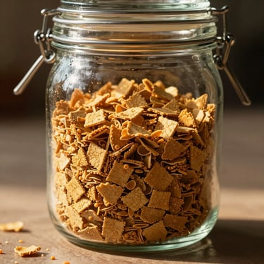 A glass pantry jar filled with small crumbled pieces of golden-brown gur, catching warm afternoon sunlight.