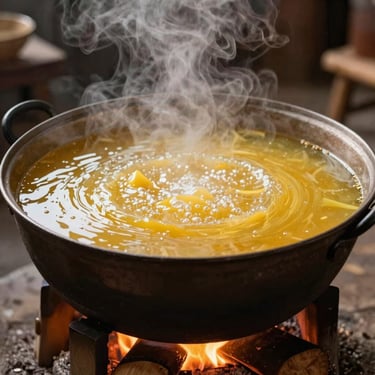 Golden sugarcane juice boiling gently in a traditional wide iron vat over a slow wood fire, warm steam rising.