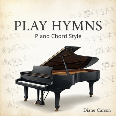 Grand piano illustration on vintage sheet music background for Play Hymns Piano Chord Style book.