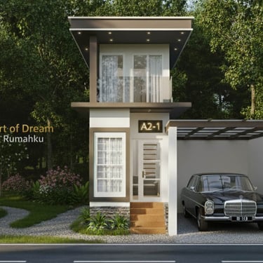 Sebuah kosan minimalis modern dengan aksen hitam dan krem, terletak di tengah area hijau..