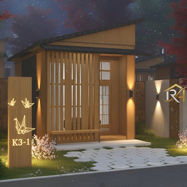 desain kosan gaya Jepang modern dengan fasad kayu, atap miring gelap, dan jendela berpalang vertikal. Terdapat jalur setapak 