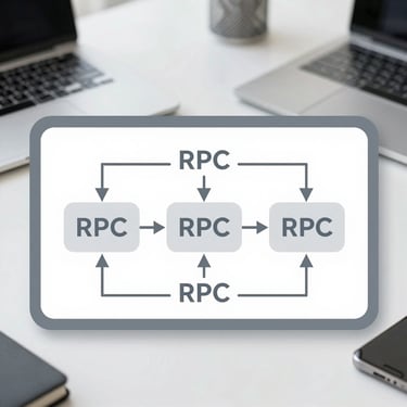 A crisp vector-style system architecture diagram showing three replicated nodes communicating via RPC lines, clean white background, technical gray borders