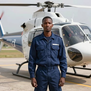 A portrait of a young East African man wearing a navy blue aviation uniform, standing in front of a modern helicopter at an airfield in Nairobi, looking confident and professional.