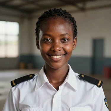 A close-up portrait of a young East African woman in a white pilot shirt with black epaulettes, smiling confidently with a blurred hangar background in Nairobi. The lighting is bright and professional.