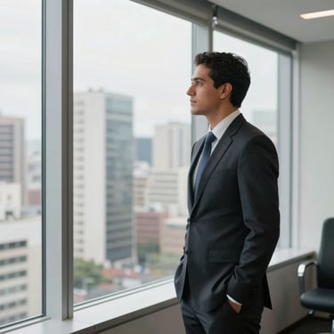 A successful Brazilian executive in a dark suit standing in a bright, modern corporate office space, looking out a large window at the city skyline.