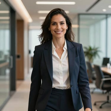 A professional Brazilian businesswoman in elegant corporate attire smiling in a modern office hallway, soft natural lighting, premium professional photography.