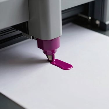 Close-up of a commercial digital printer nozzle applying rich magenta ink onto high-grade paper stock