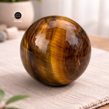 A polished tiger's eye crystal sphere with golden-brown chatoyancy on a linen surface.