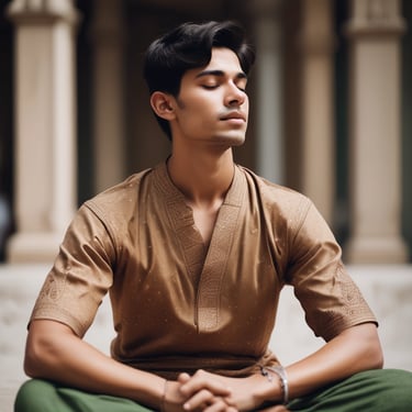 A thoughtful man practicing yoga outdoors at sunrise, surrounded by nature.
