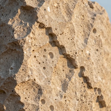 Close-up of raw travertine stone texture, soft golden hour light highlighting the organic pits and cream-colored grain.