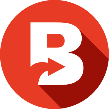 A white capital letter B icon with a red share arrow inside a red circle background.