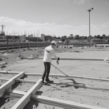 Portrait of a smiling middle-aged man in a casual shirt, standing in front of a construction site.