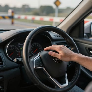 Driver's right hand resting on steering wheel, fingers relaxed, a printed route confirmation slip visible on the dashboard in early morning light, border crossing gate blurred in the windshield background