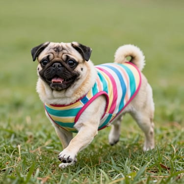 A small pug running happily on grass wearing a colorful striped cotton vest, action shot, bright cheerful pet photography, 35mm