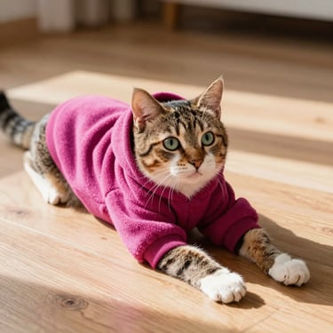 A playful tabby cat wearing a soft magenta fleece hoodie, stretching comfortably on a wooden floor, warm sunbeams, close-up shot, 35mm