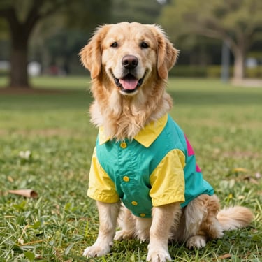 A golden retriever sitting proudly in a park wearing a tailored teal and yellow cotton shirt, bright natural light, eye-level candid, 35mm