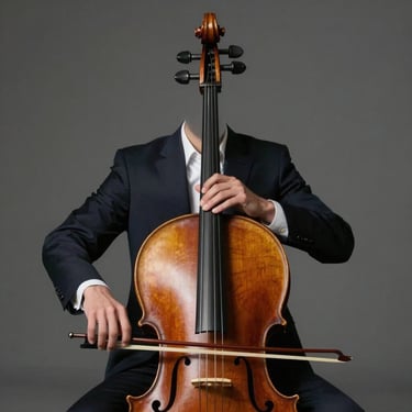 A portrait of a professional cellist in a deep dark suit holding a polished wooden cello, with soft lighting highlighting the chestnut wood grain.