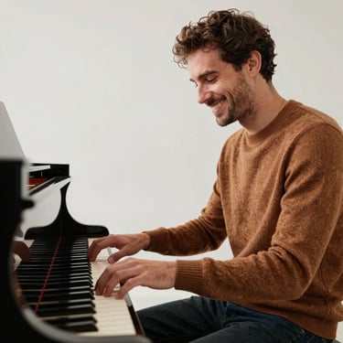 A candid shot of a smiling man sitting at a grand piano, his hands on the keys, wearing a warm walnut brown sweater in a brightly lit studio.
