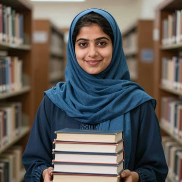 A professional portrait of a smiling female student from Pakistan, wearing a steel blue headscarf, holding a stack of books in front of a blurred university library background.