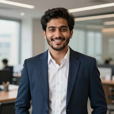 A professional portrait of a young Pakistani man in a crisp white shirt and navy blazer, smiling warmly in a modern office setting with natural light.