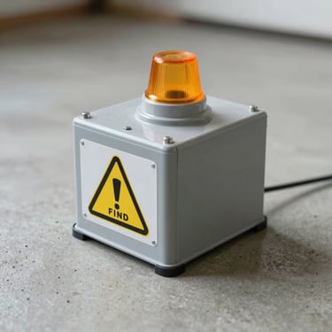 Clinical macro shot of a sealed, tamper-proof rodent bait station on a clean concrete floor, warning-amber indicator visible, bright daylight.