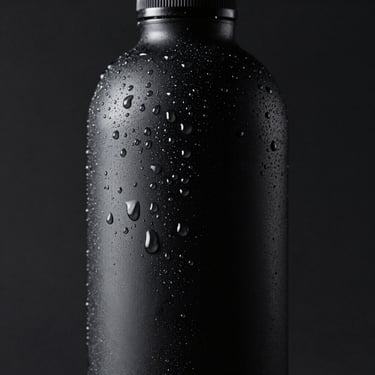 Sleek matte black bottle containing high pH alkaline water, crisp condensation drops on the surface, dark background