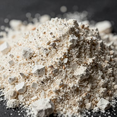 Extreme macro shot of dense protein powder texture, stark side lighting highlighting the raw material against a dark background.