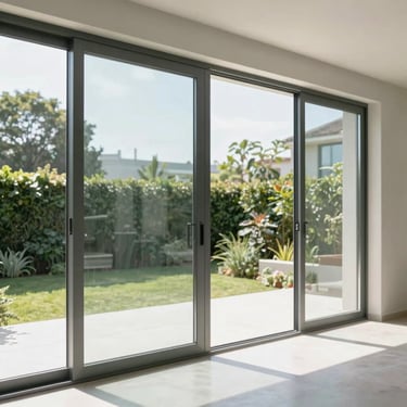 Sleek sliding glass door system with minimal aluminum frames opening to a garden, bright natural light
