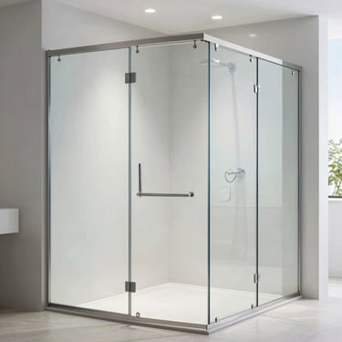 Modern luxury bathroom shower enclosure with frameless tempered glass and sleek stainless steel hardware