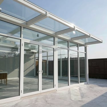 Elegant minimalist winter garden structure with glass ceiling and sliding glass walls, sunny day