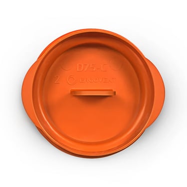 ERGOVENT AERO PRO end cap D75 orange plastic duct closure cap, top view showing ERGOVENT branding and tab grip